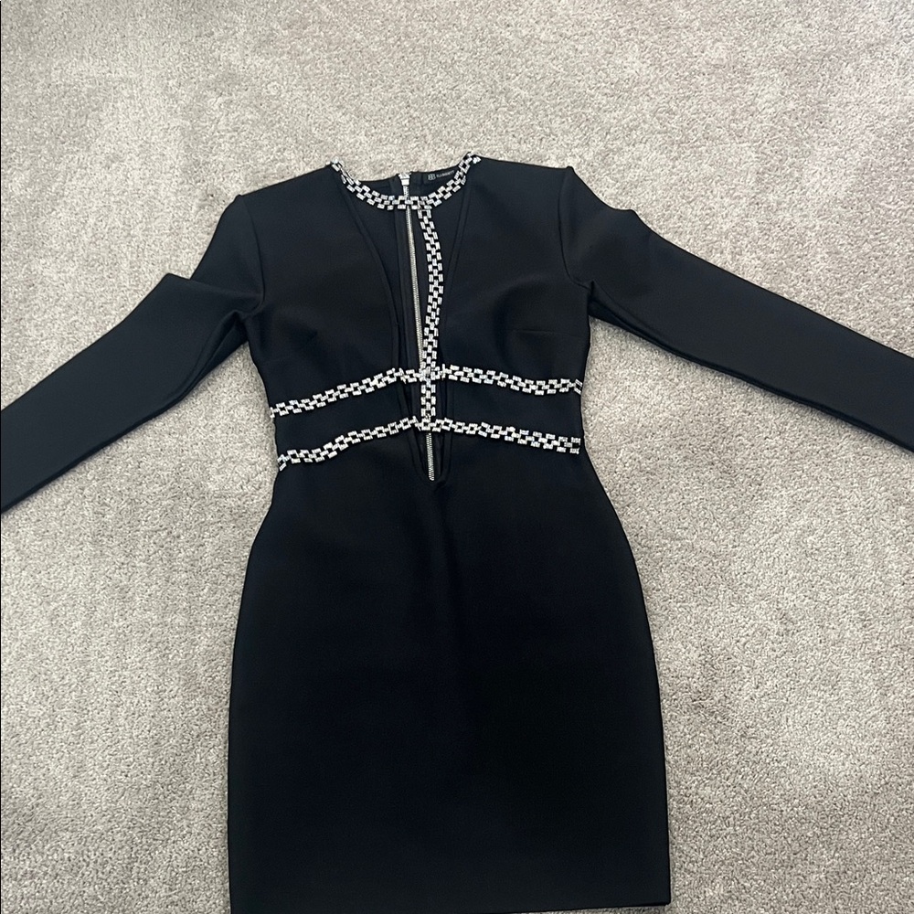 Chic Black Long Sleeve Dress with Silver Detailing